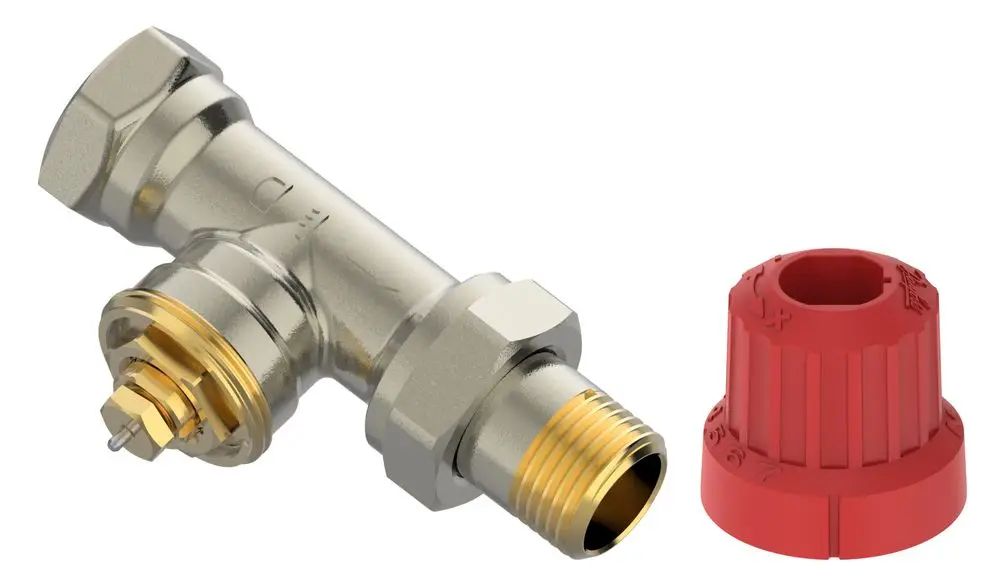 MIO-Ventilgehäuse mit durchgehender Verbindung und rotem Deckel, hergestellt von Danfoss. Das Gehäuse zeigt ein matt vernickeltes Finish und eine automatische Steuerungseinheit.